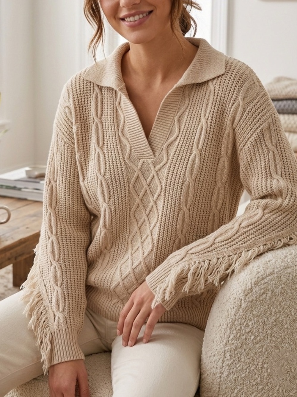 NWT~ Sadie & Sage FREE PEOPLE Boho Cable Knit Polo Fringe Sweater Tan Women’s XS